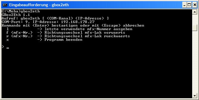 Kommandozeile von GBox2Eth